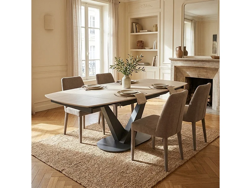 Table extensible ovale 120 à 180 cm céramique beige - MARSHALL