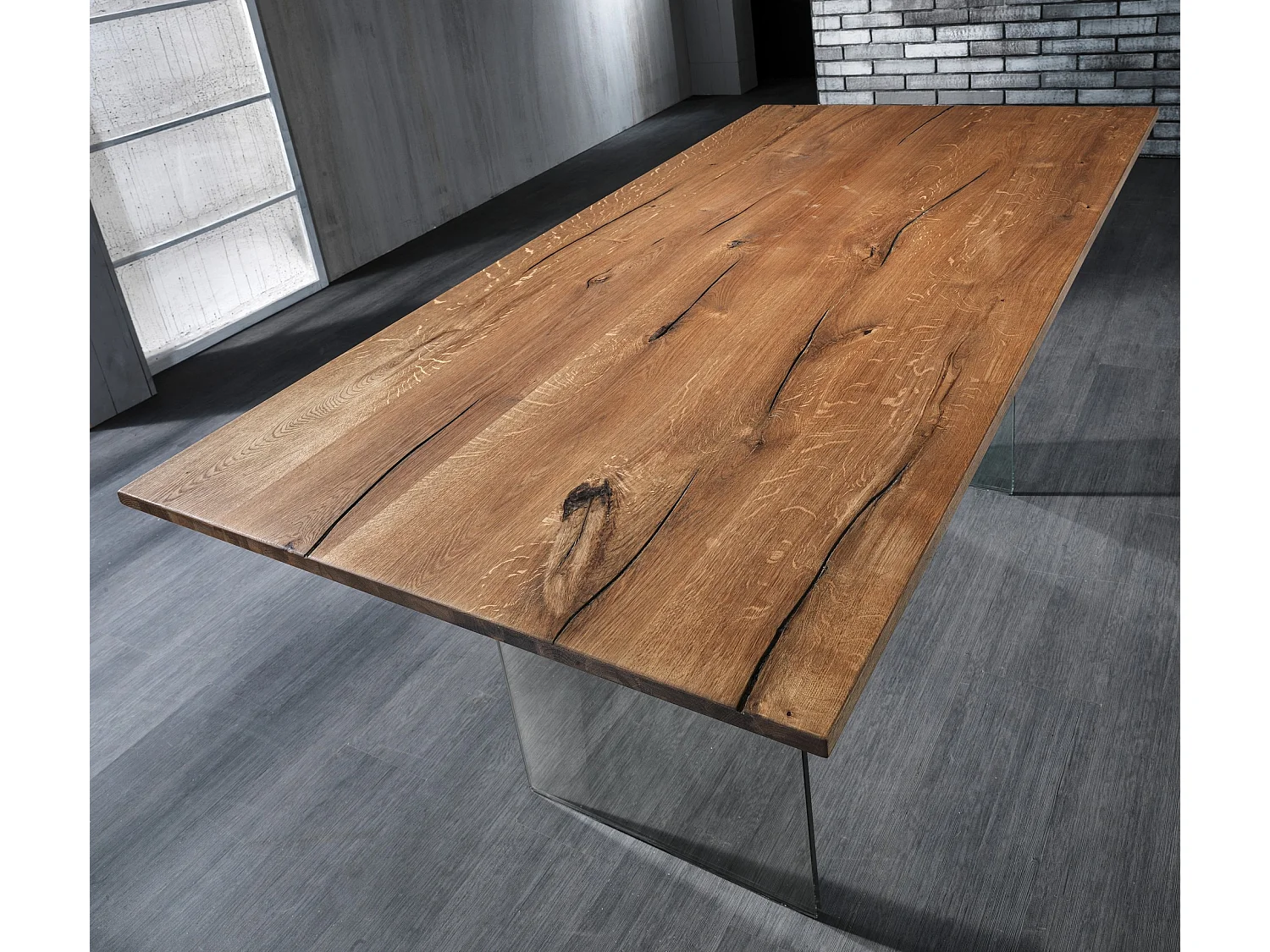 Mesa de madera maciza de roble con patas de vidrio templado 180x90cm Wander