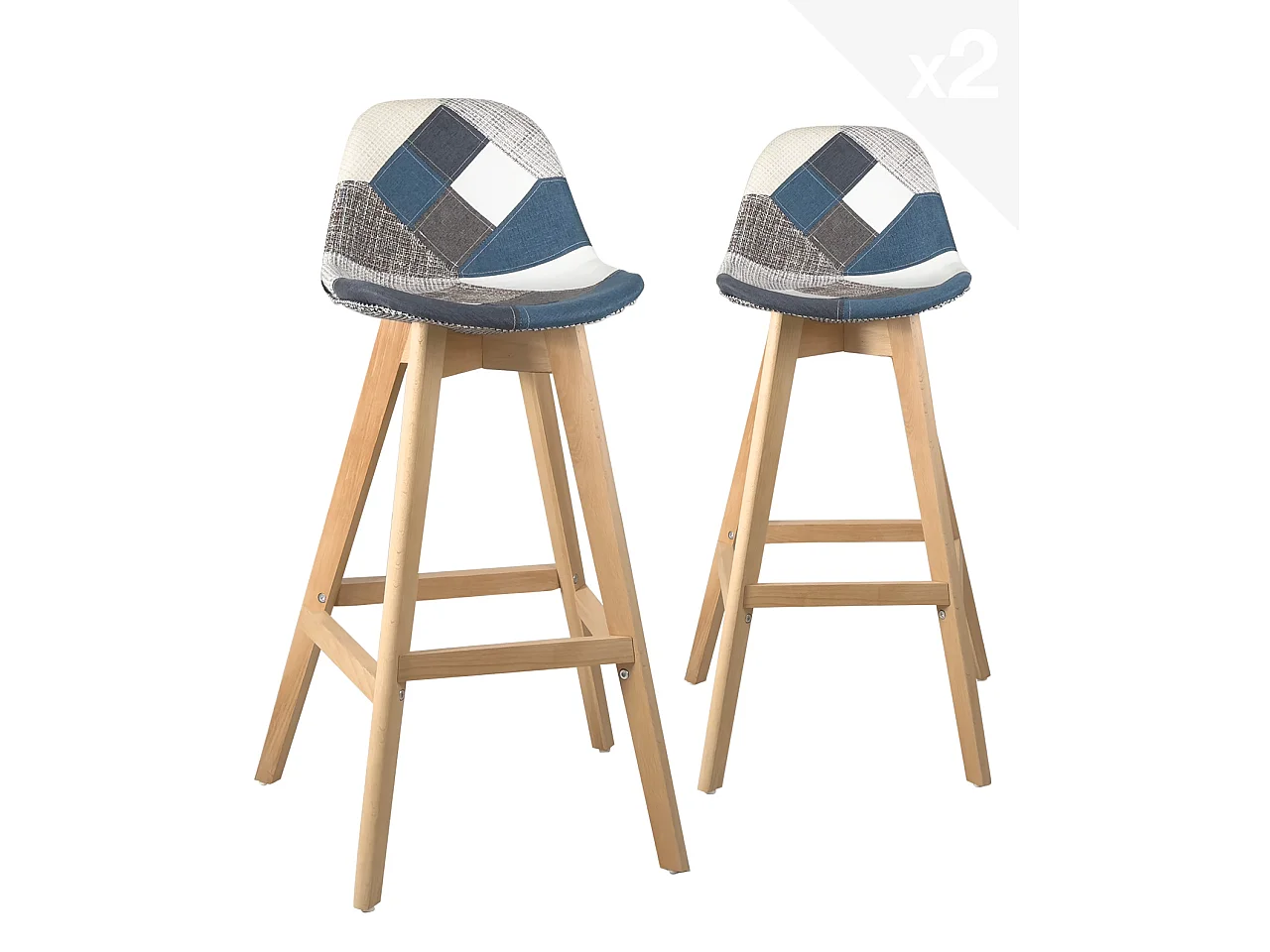 Lot 2 chaises de bar scandinaves hauteur 67cm siège patchwork tissu pieds bois clair MALI (bleu)