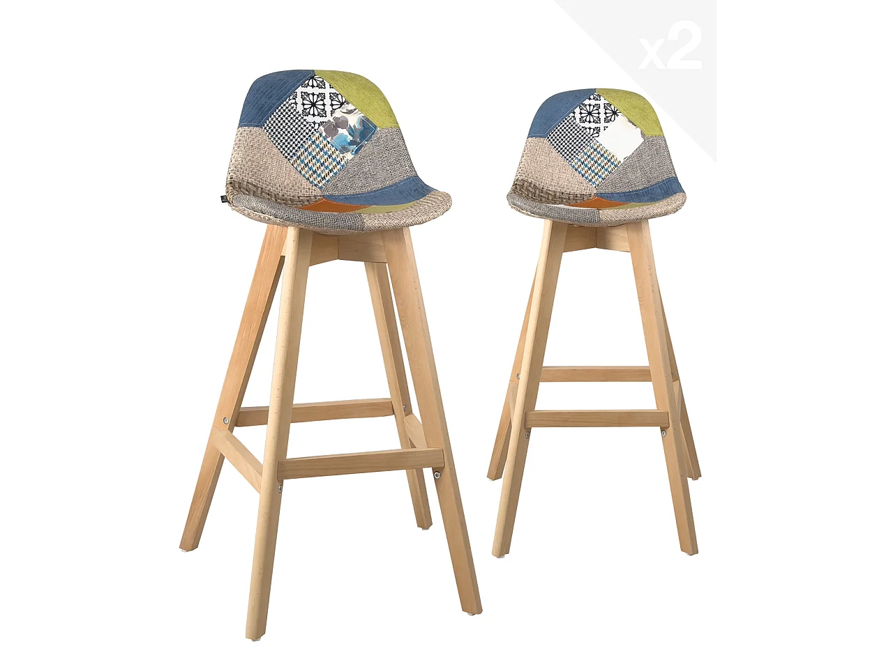 Lot 2 chaises de bar scandinaves hauteur 67cm siège patchwork tissu pieds bois clair MALI (floral)