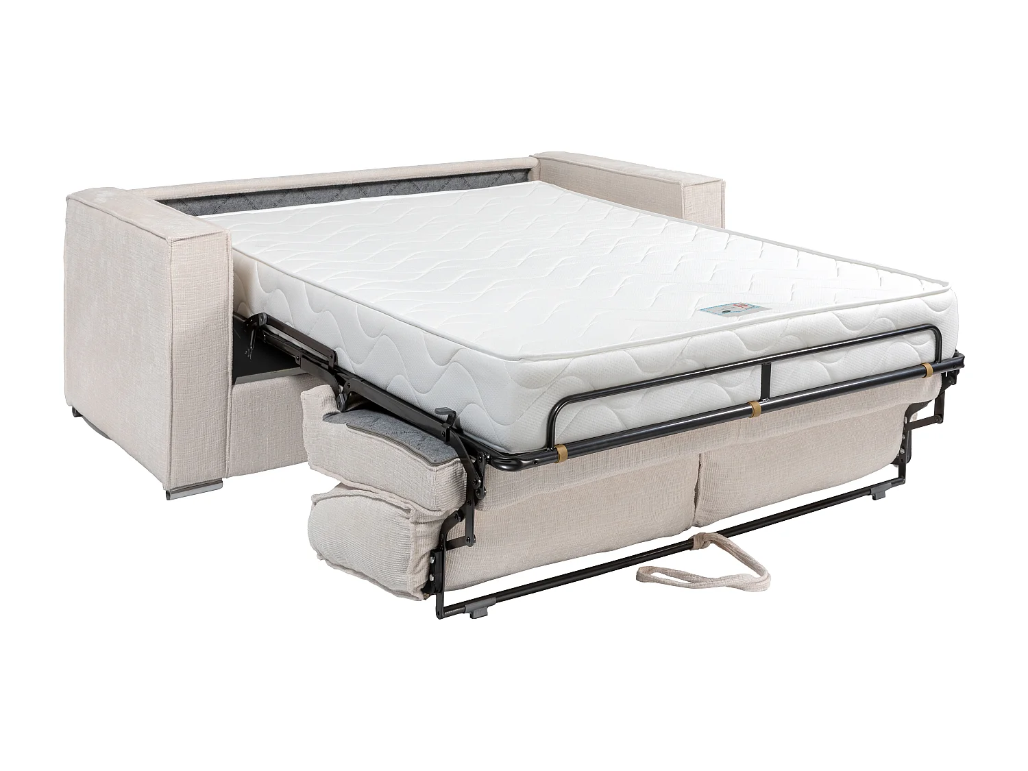 Express-driezitsslaapbank van taupegrijze chenille stof - Bed 140 cm - Matras met vormgeheugen 22 cm LORETO