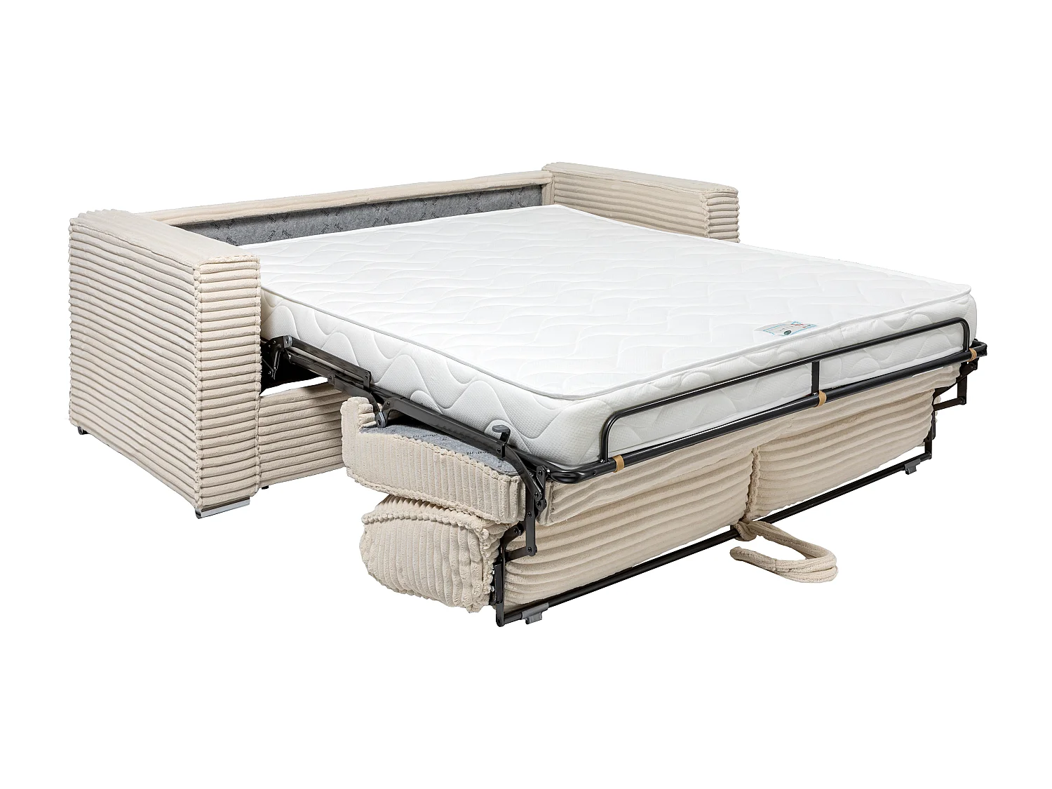 Express-vierzitsslaapbank van beige ribfluweel met brede ribbels - Bed 160 cm - Matras 18cm LORETO