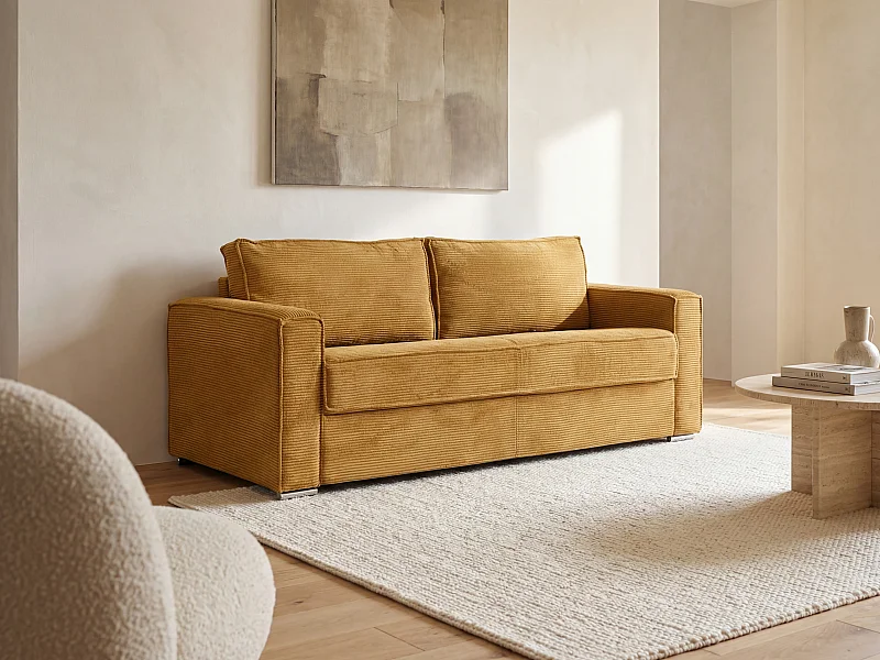 Schlafsofa mit Matratze 4-Sitzer - Cord - Senfgelb - Liegefläche 160 cm - Matratze 14 cm - LORETO