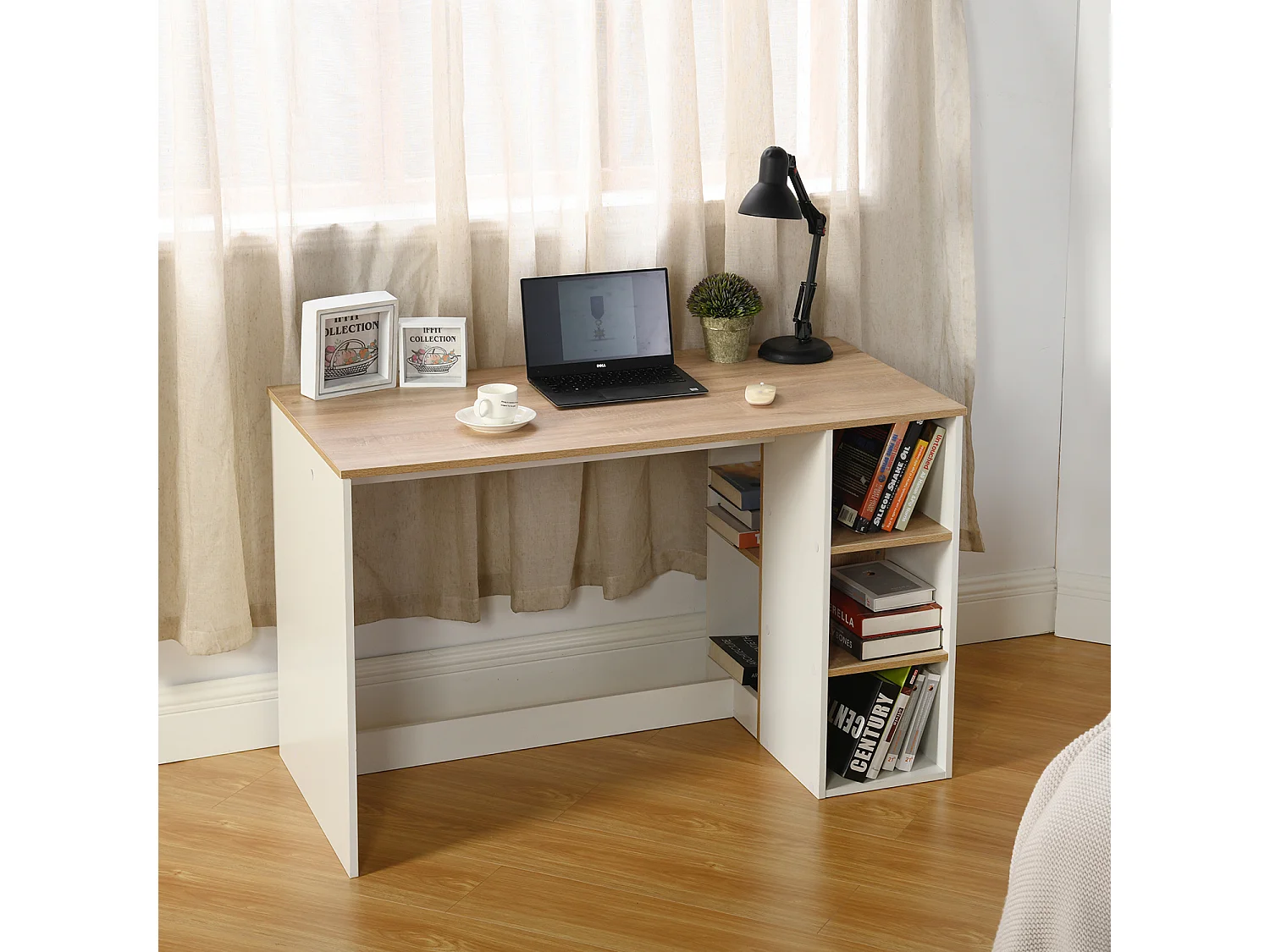 Escritorio de estudio para adolescentes, Escritorio de oficina con 3 estantes, Blanco y Roble, 120 x 60 x 75cm