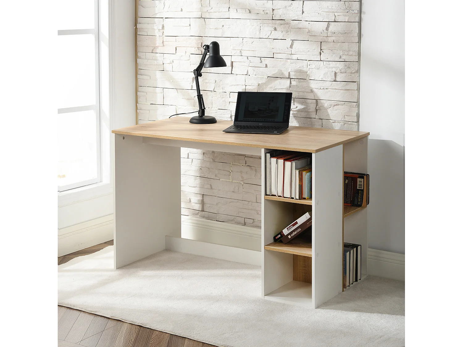 Escritorio de estudio para adolescentes, Escritorio de oficina con 3 estantes, Blanco y Roble, 120 x 60 x 75cm