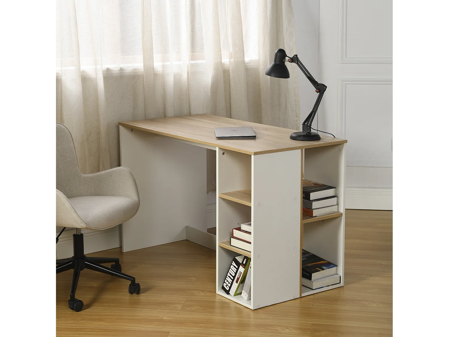 Escritorio de estudio para adolescentes, Escritorio de oficina con 3 estantes, Blanco y Roble, 120 x 60 x 75cm