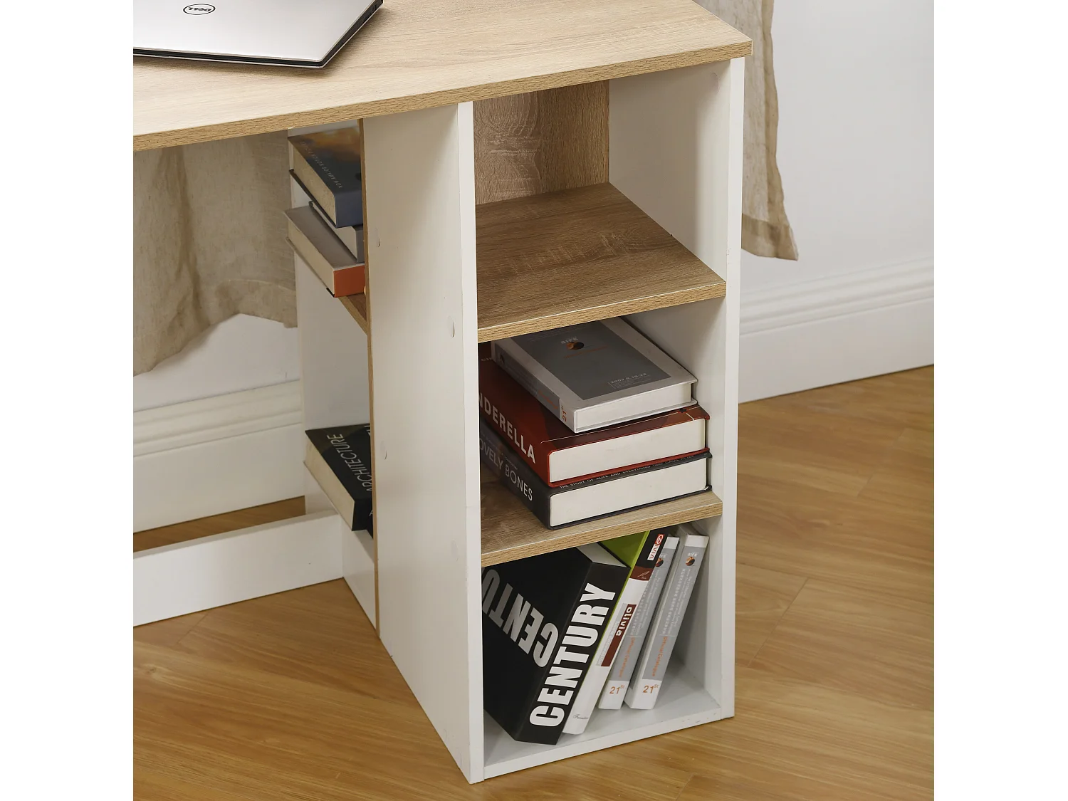 Escritorio de estudio para adolescentes, Escritorio de oficina con 3 estantes, Blanco y Roble, 120 x 60 x 75cm