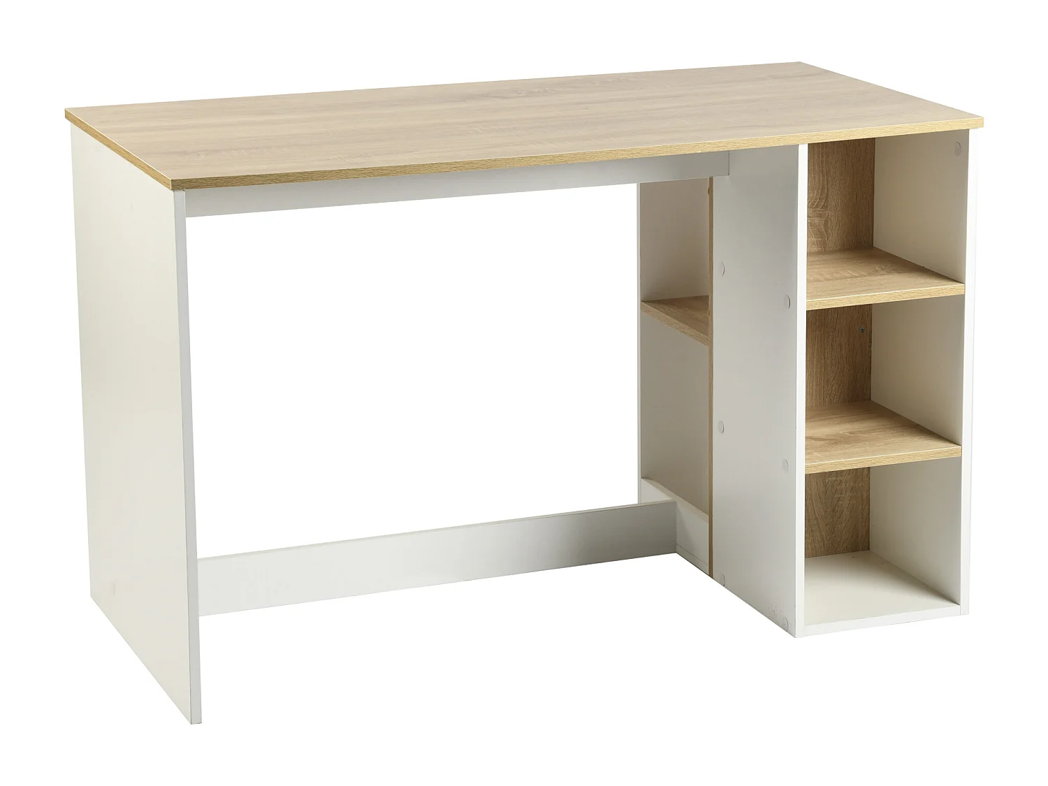 Escritorio de estudio para adolescentes, Escritorio de oficina con 3 estantes, Blanco y Roble, 120 x 60 x 75cm