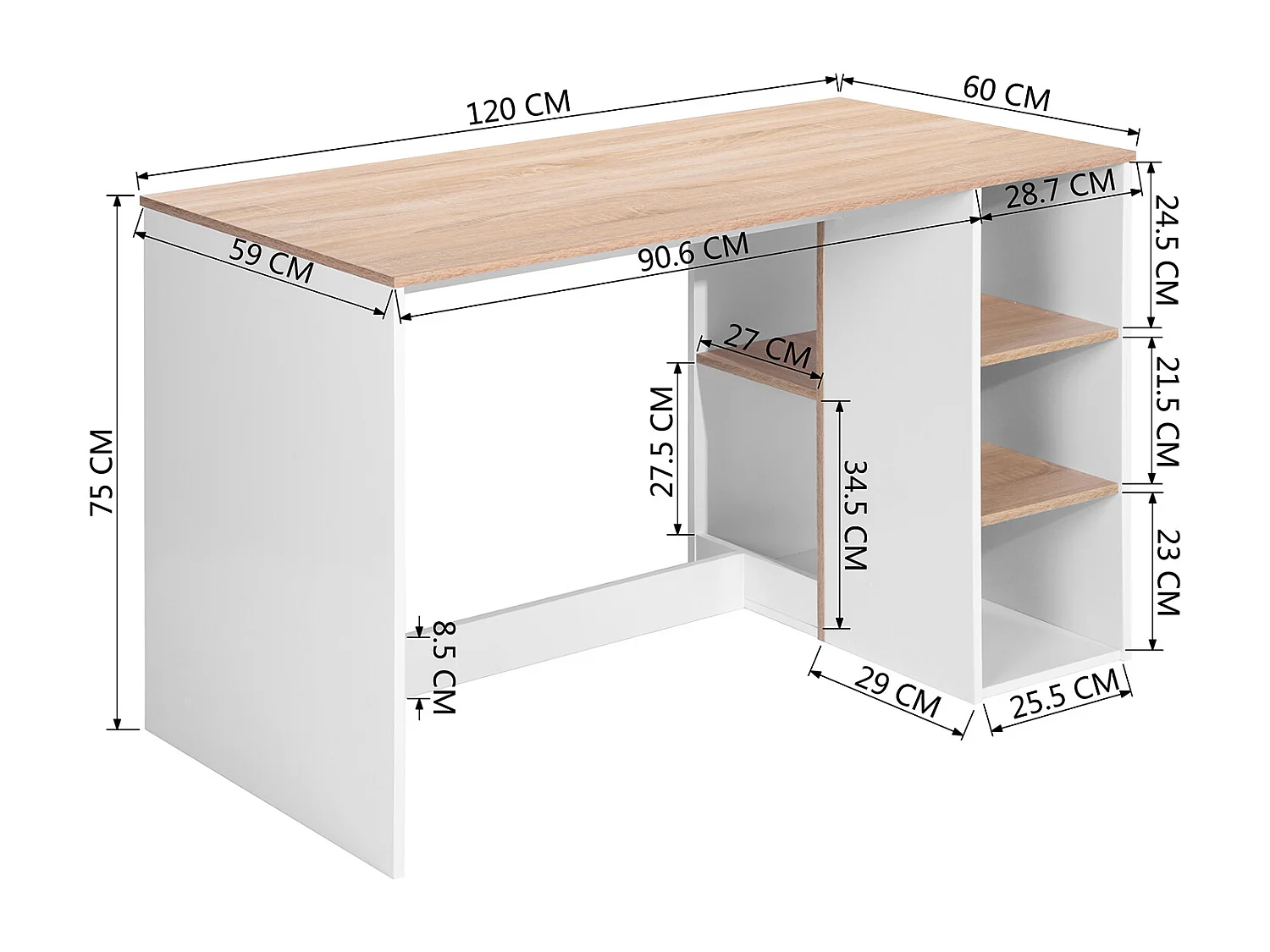 Escritorio de estudio para adolescentes, Escritorio de oficina con 3 estantes, Blanco y Roble, 120 x 60 x 75cm