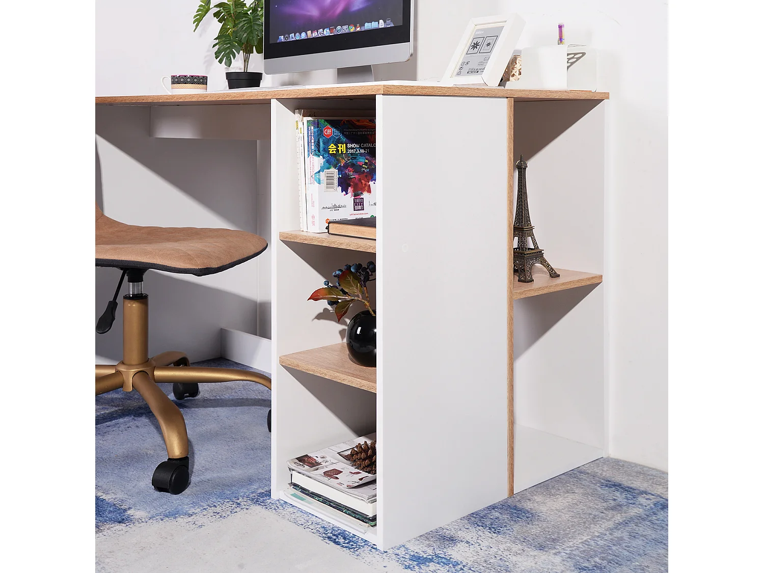 Escritorio de estudio para adolescentes, Escritorio de oficina con 3 estantes, Blanco y Roble, 120 x 60 x 75cm