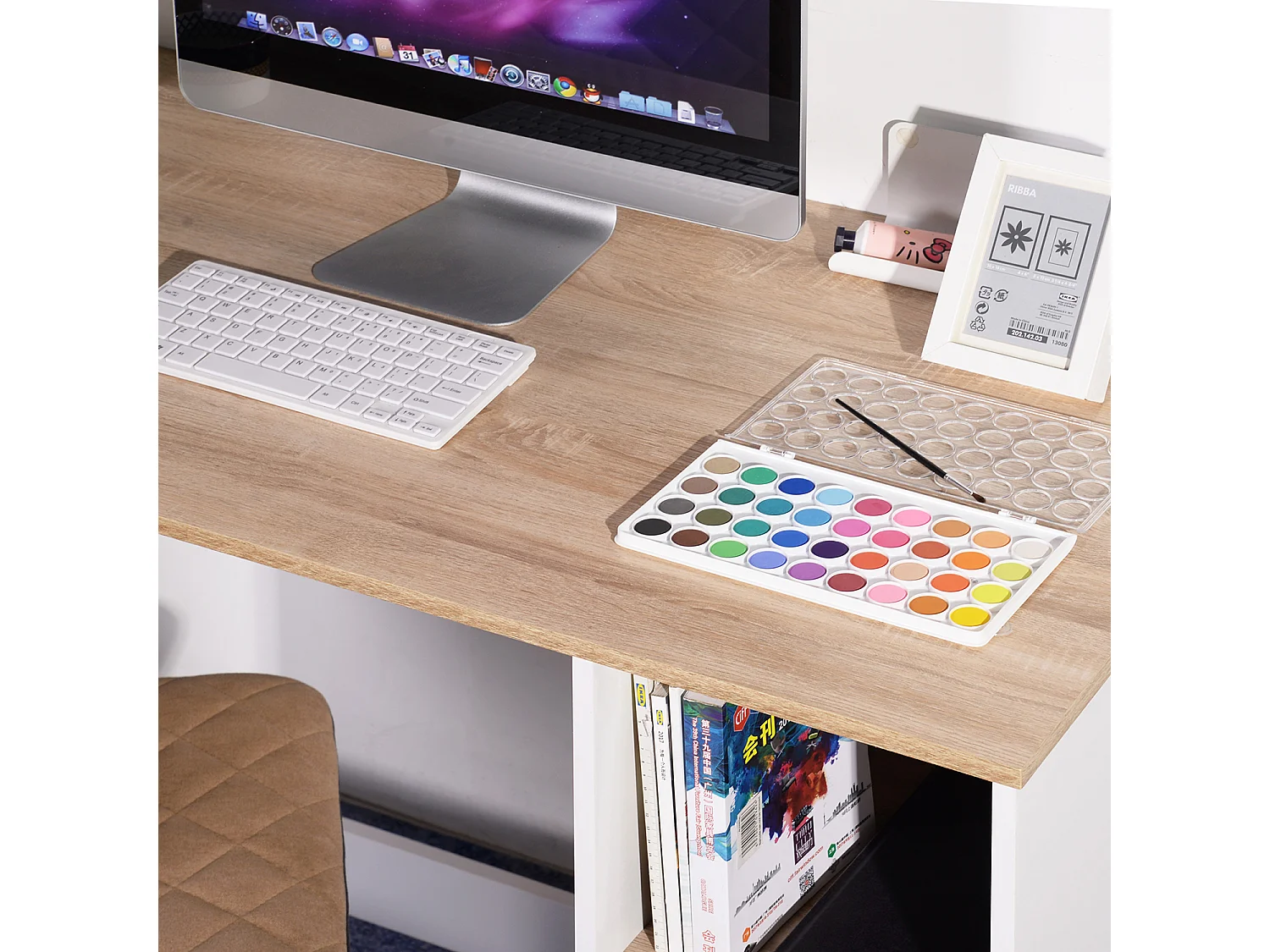 Escritorio de estudio para adolescentes, Escritorio de oficina con 3 estantes, Blanco y Roble, 120 x 60 x 75cm