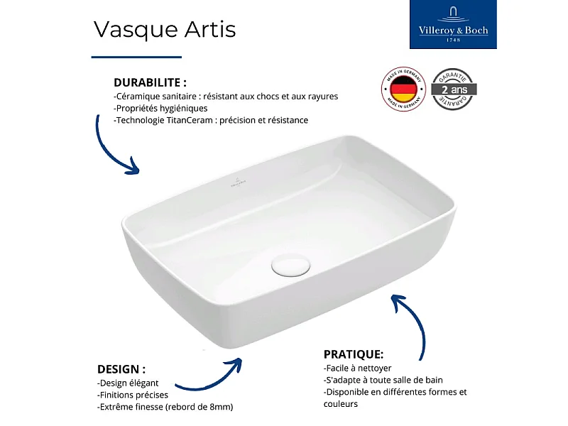 Vasque rectangle à poser VILLEROY ET BOCH Artis stone white