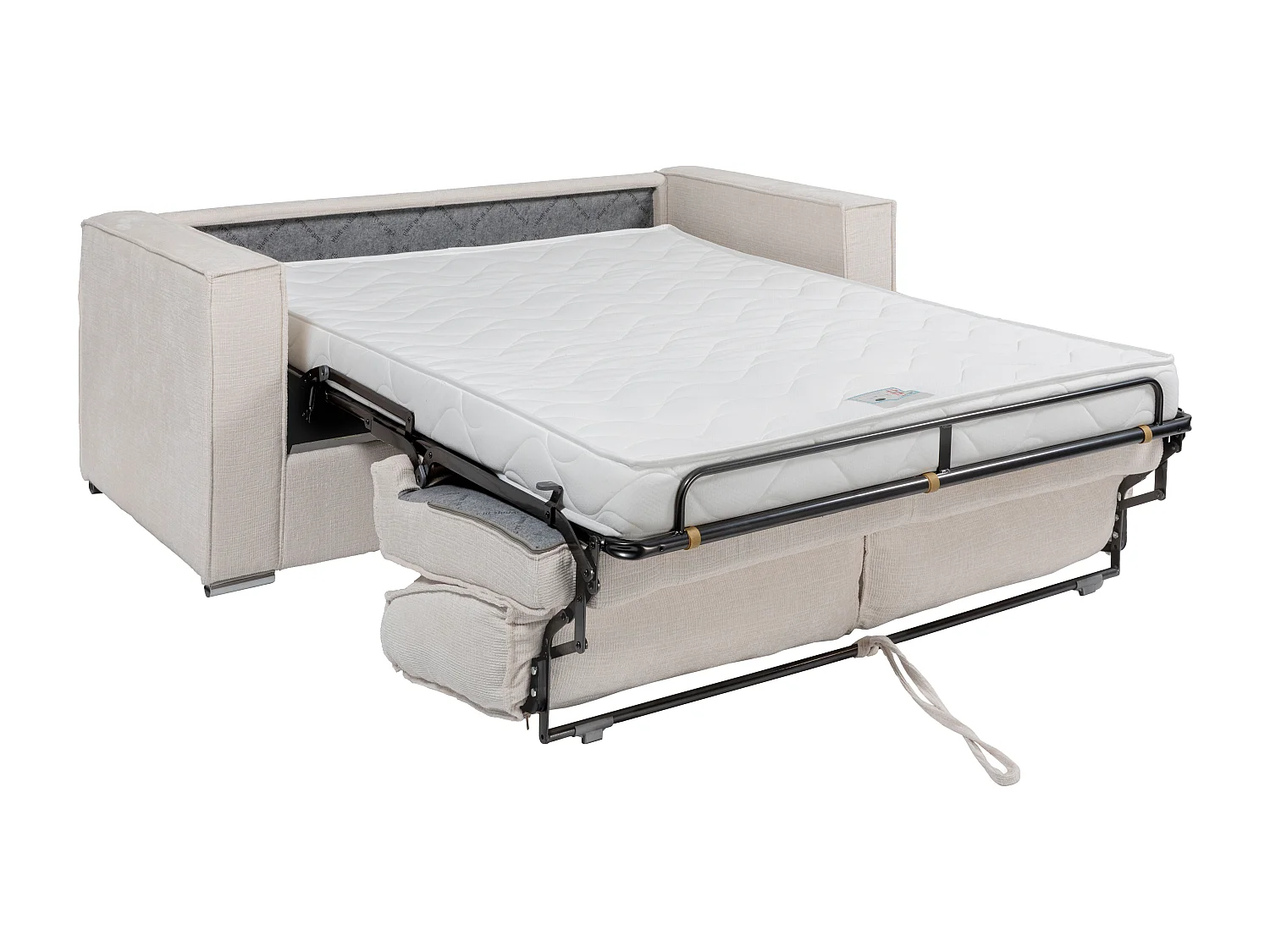 Express-driezitsslaapbank van taupekleurige stof met textuur - Bed met brede latten 140 cm - Matras 14 cm LORETO