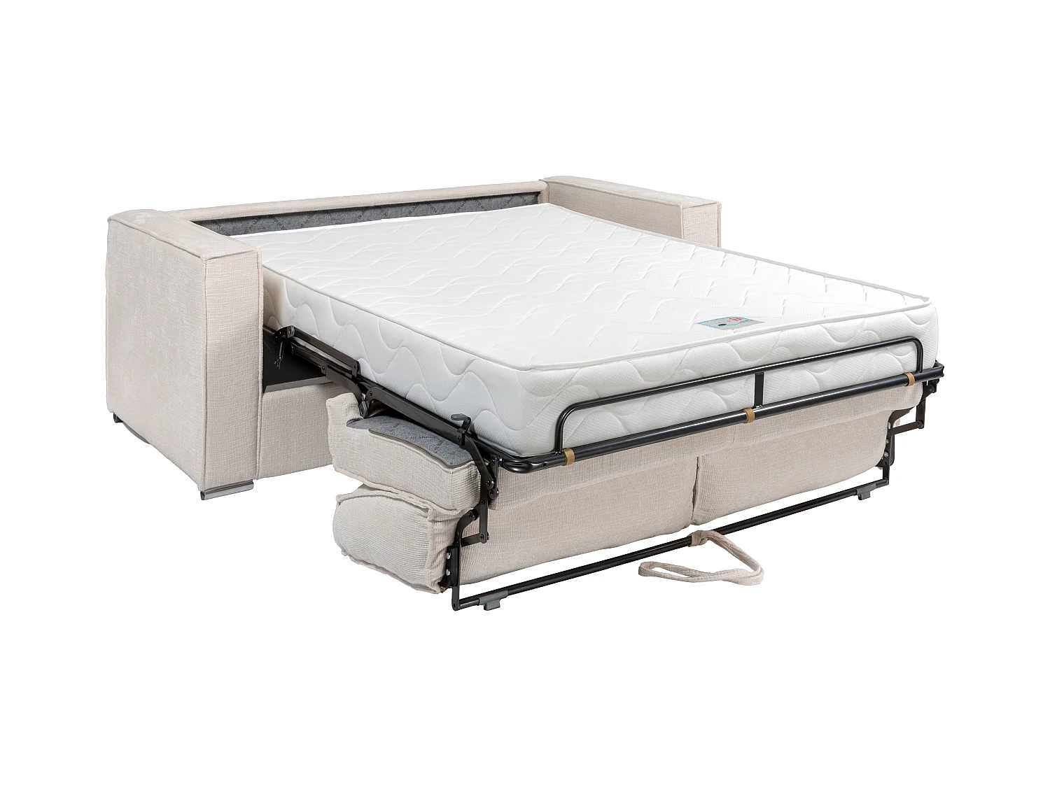Canapé 3 places convertible express en tissu chenille taupe - Couchage à lattes larges 140 cm - Matelas 22 cm avec mémoire de forme LORETO