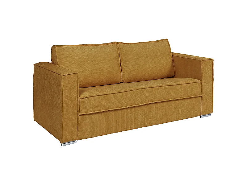 Canapé 3 places convertible express en tissu chenille jaune moutarde - Couchage à lattes larges 140 cm - Matelas 22 cm avec mémoire de forme LORETO