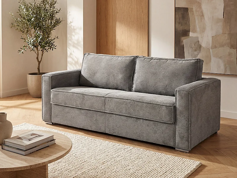 Schlafsofa mit Matratze 3-Sitzer - Cord - Hellgrau - Liegefläche mit Lattenrost mit breiten Latten 140 cm - Matratze 22 cm mit Memory Schaum - LORETO