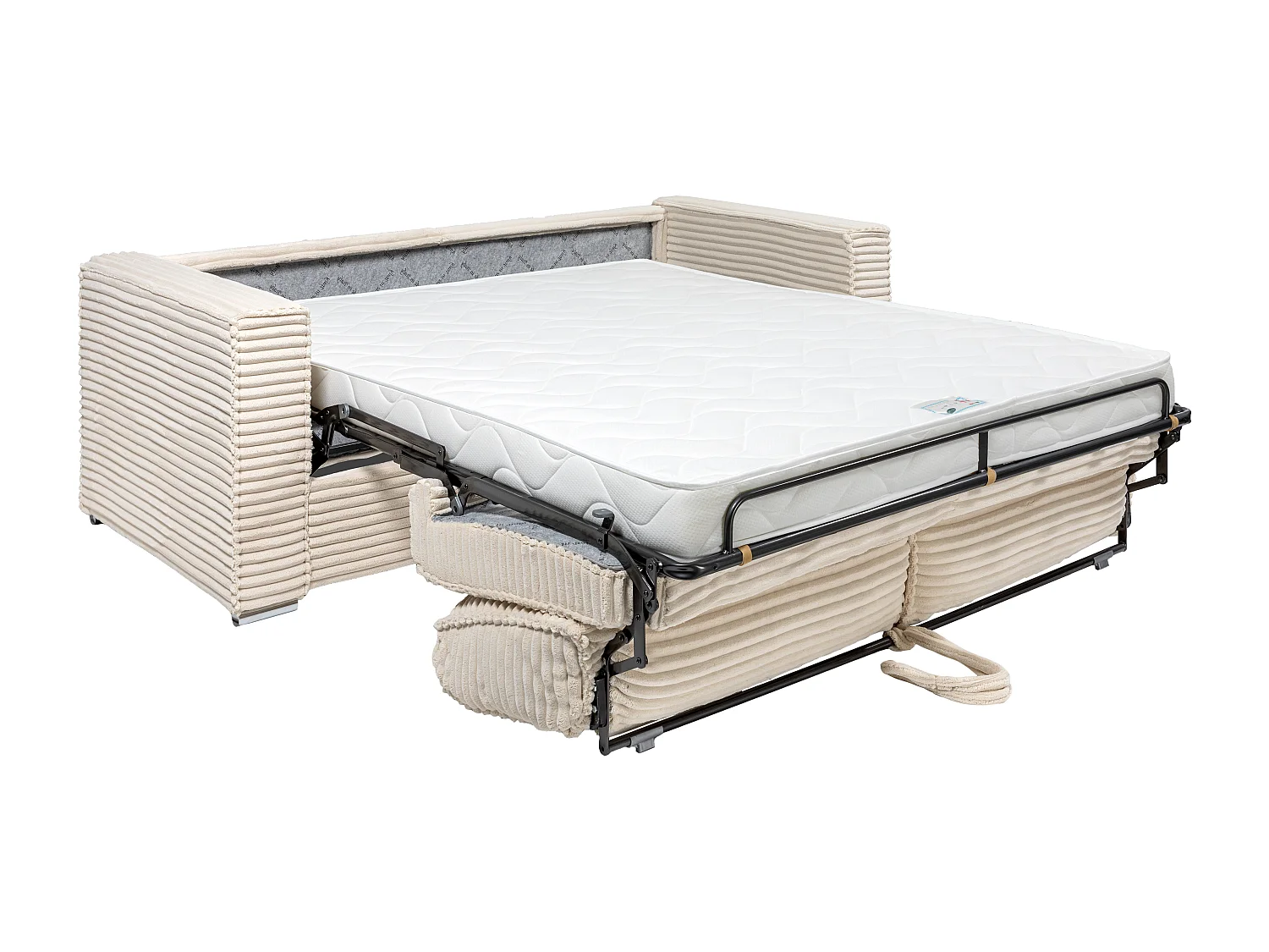 Kanapa 4-osobowa rozkładana typu express z beżowego szeroko prążkowanego sztruksu - Miejsce do spania z szerokimi listewkami 160 cm - Materac 22 cm z pamięcią kształtu - LORETO