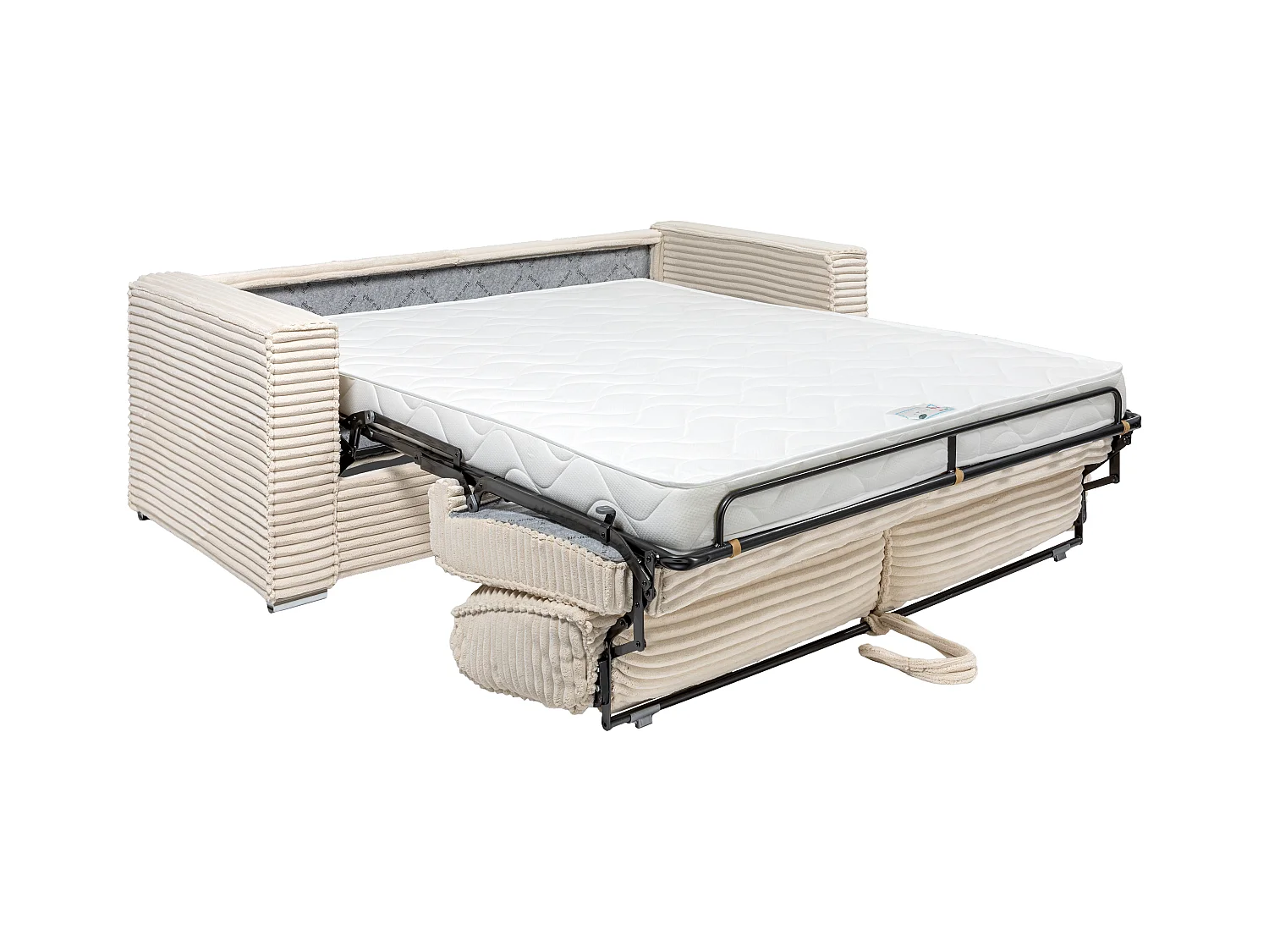 Canapé 4 places convertible express en velours côtelé grosses côtes beige - Couchage à lattes larges 160 cm - Matelas 22 cm avec mémoire de forme LORETO