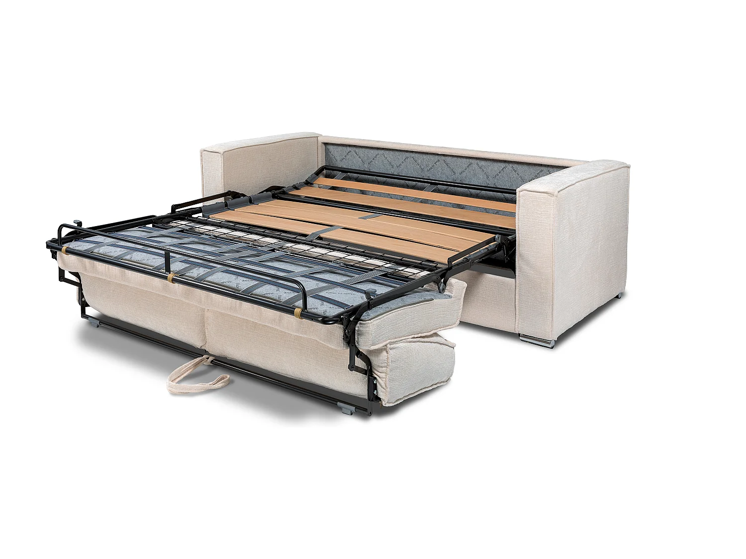 Express-vierzitsslaapbank van beige stof met textuur - Bed met brede latten 160 cm - Matras 14 cm LORETO