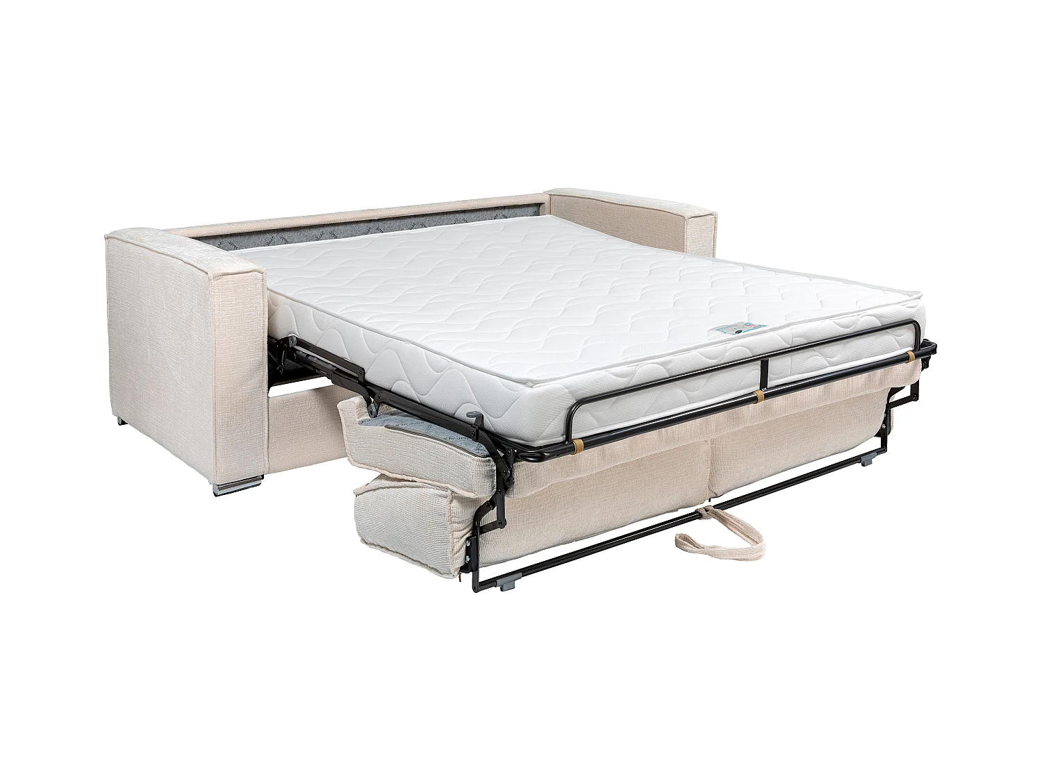 Express-vierzitsslaapbank van beige stof met textuur - Bed met brede latten 160 cm - Matras 18cm LORETO