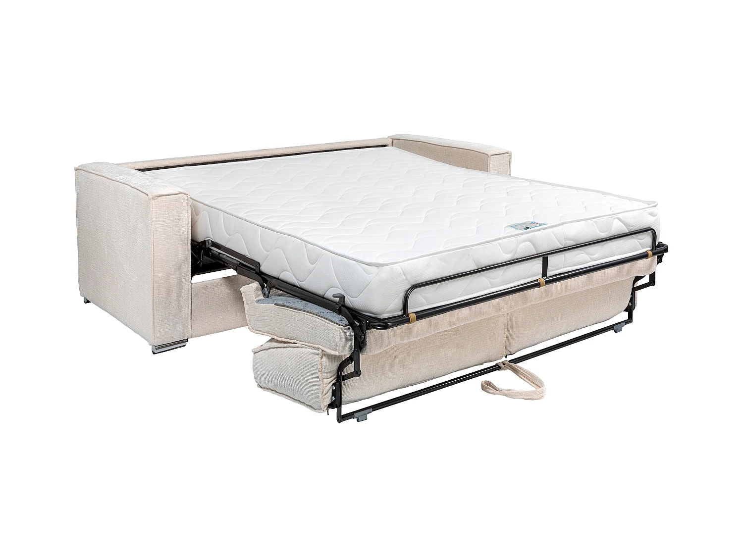 Sofá cama de 4 plazas de apertura rápida de tela texturizada color topo - Somier de láminas anchas de 160 cm - Colchón con memoria de forma de 22 cm LORETO