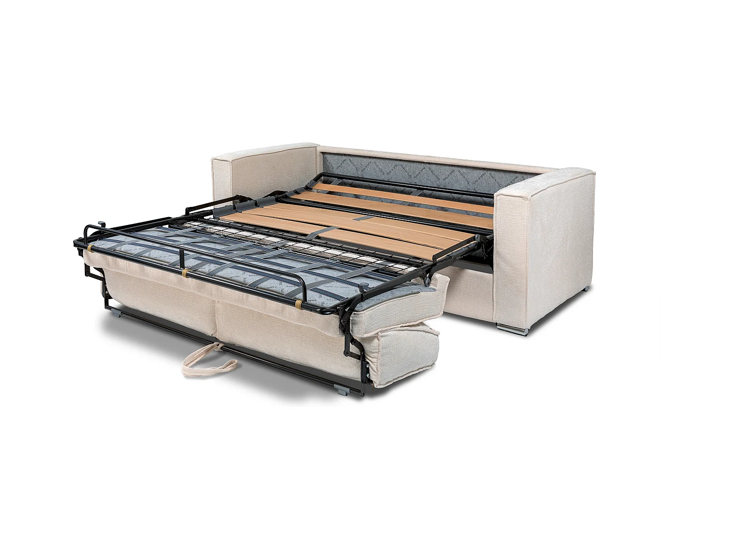 Sofá cama de 4 plazas de apertura rápida de tela texturizada color topo - Somier de láminas anchas de 160 cm - Colchón con memoria de forma de 22 cm LORETO