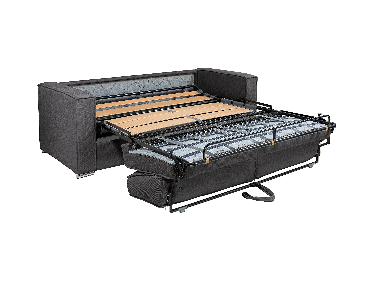 Express-vierzitsslaapbank van blauwe chenille stof - Bed met brede latten 160 cm - Matras 14 cm LORETO