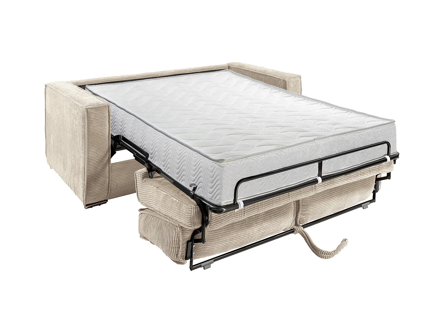 Express-vierzitsslaapbank van lichtgrijs ribfluweel - Bed van 160 cm met brede latten - Matras met vormgeheugen van 22 cm LORETO
