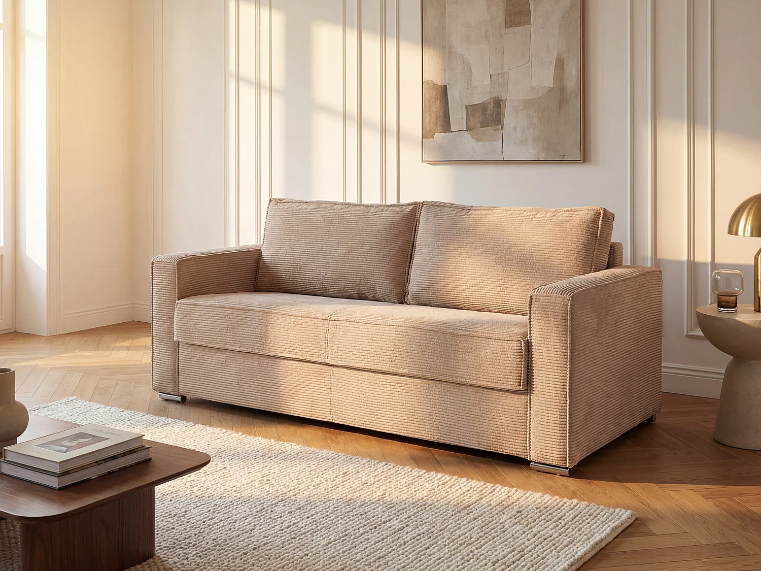 4-personers sovesofa med ekspres-udfoldning i taupe fløjl - Soveflade med brede lameller 160 cm - 22 cm madras LORETO