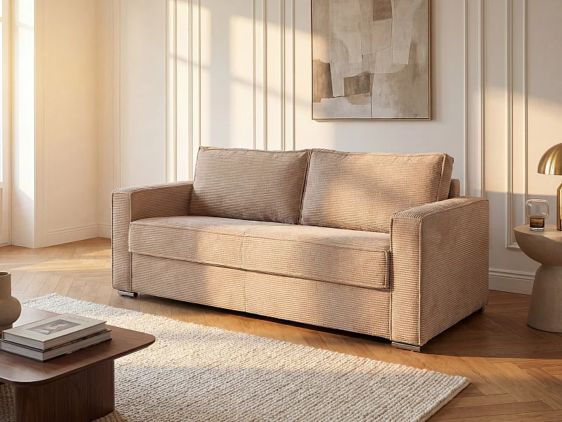 Schlafsofa mit Matratze 4-Sitzer - Cord - Taupe - Liegefläche mit Lattenrost mit breiten Latten 160 cm - Matratze 22 cm mit Memory Schaum - LORETO