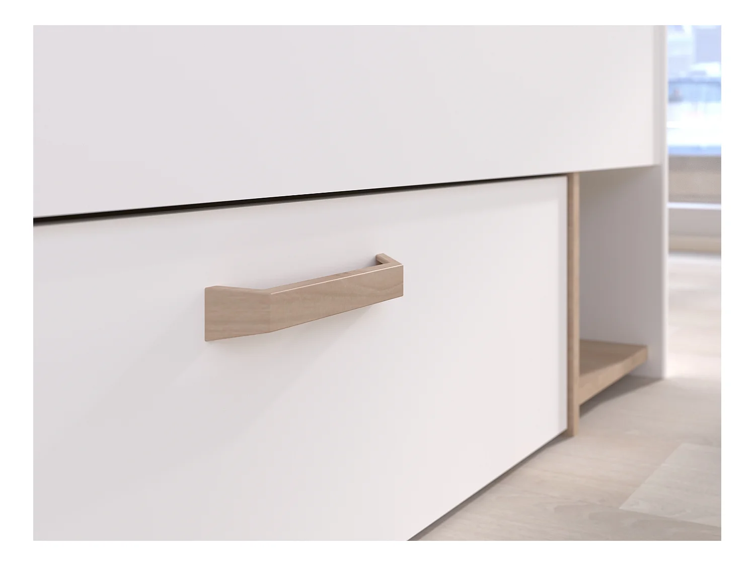 Cama 140 x 190/200 cm con compartimentos - blanco y natural - KINSELIA