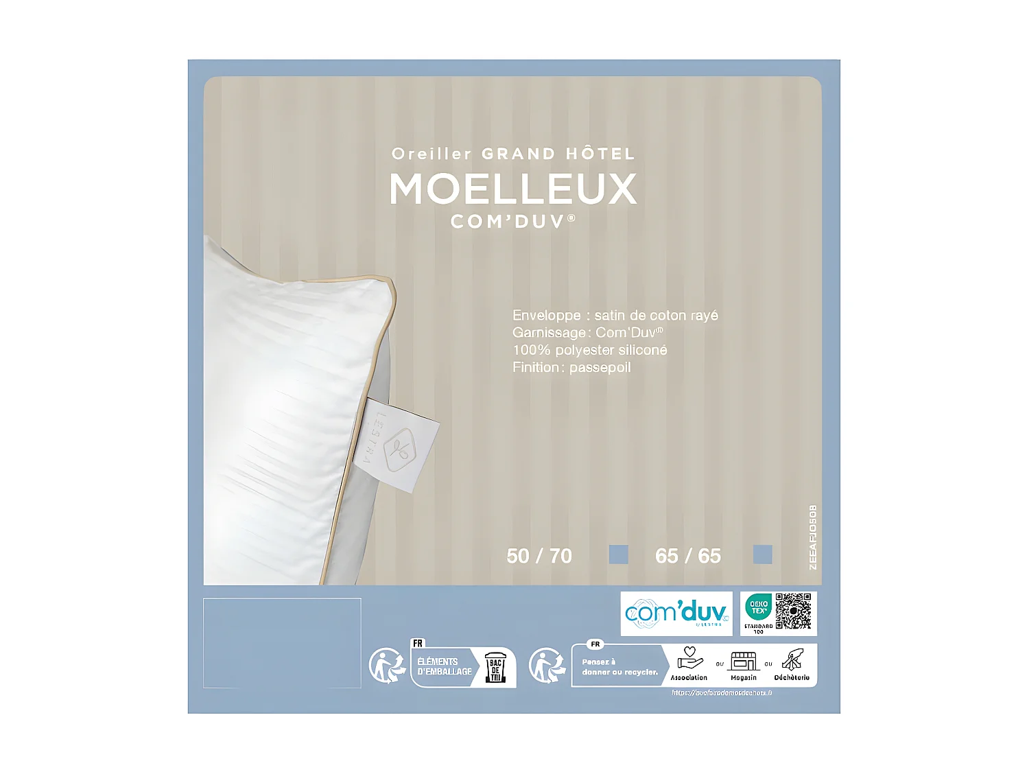 Oreiller "Fjord Grand Hotel" Moelleux Com'Duv Satin de coton rayé Lestra