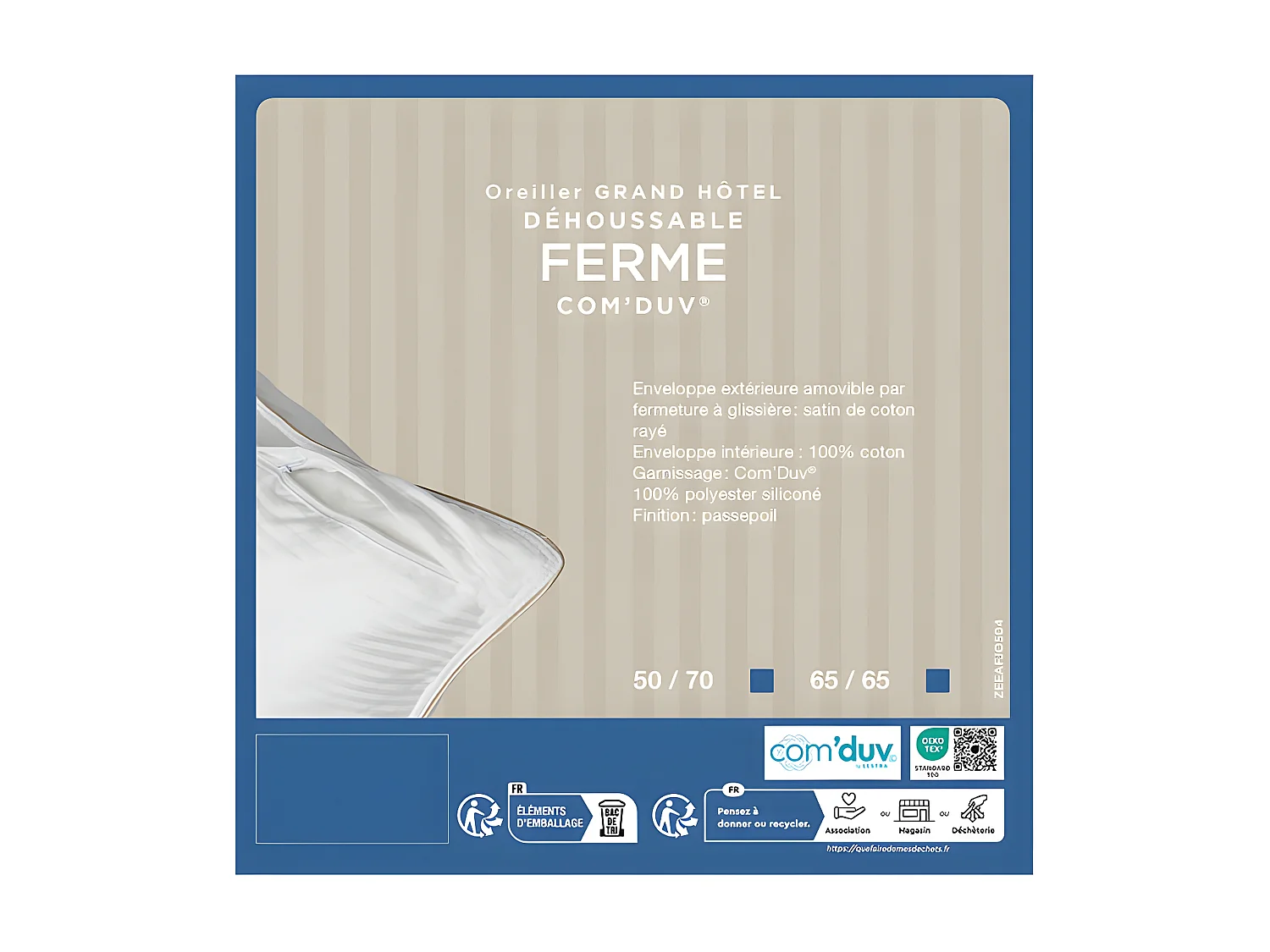 Oreiller "Fjord Grand Hotel" déhoussable Ferme Com'Duv Satin de coton rayé Lestra