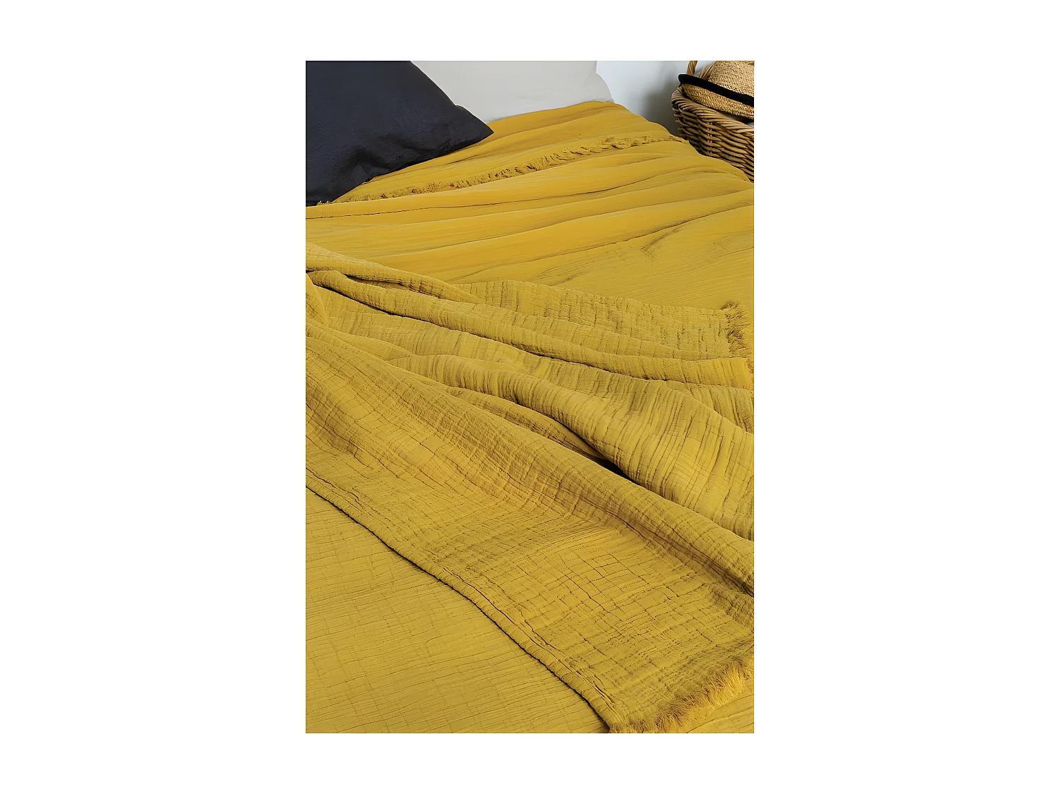 Couvre lit à franges "Brehat" Gaze de Coton stonewashed Toison d'or