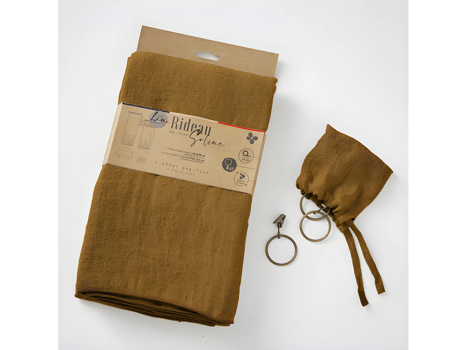 Lot de 2 rideaux ajustables + 8 anneaux pince "Soline" 140 x 270 cm Lin lavé