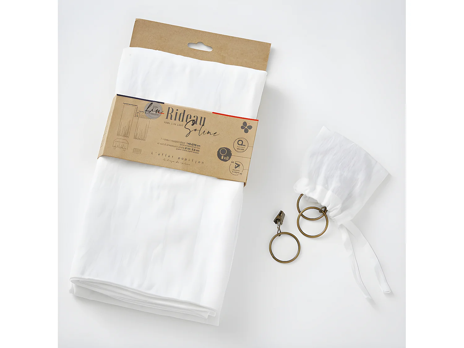 Lot de 2 rideaux ajustables + 8 anneaux pince "Soline" 140 x 270 cm Lin lavé