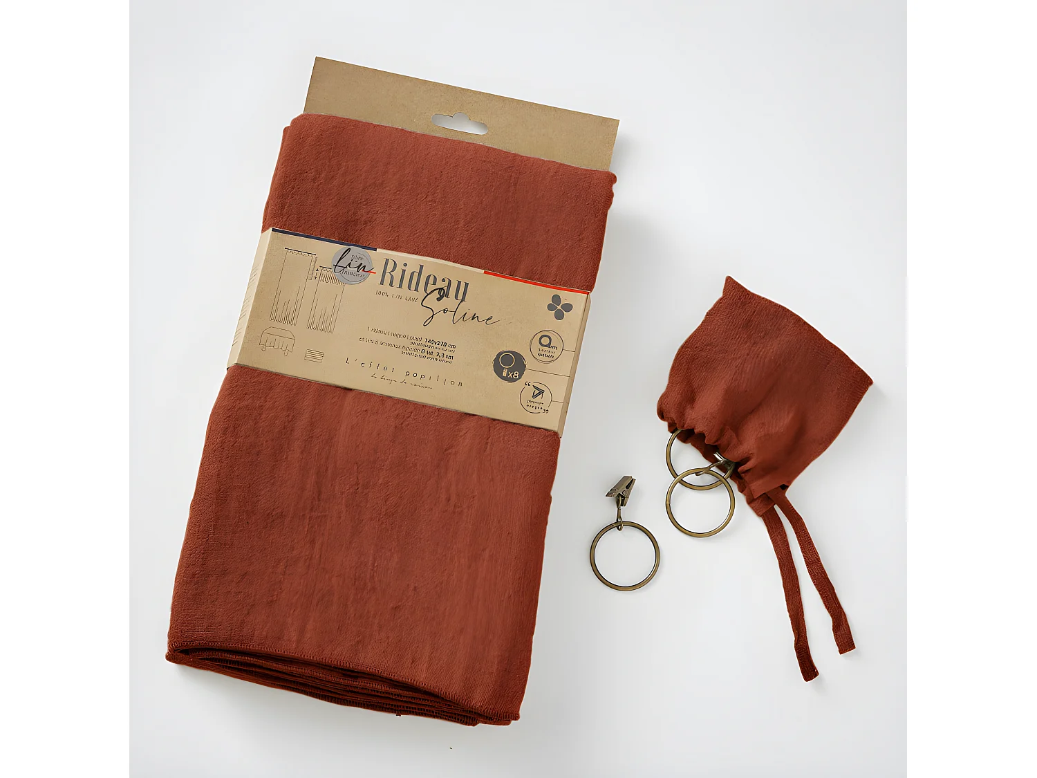 Rideau ajustable + 8 anneaux pince "Soline" 140 x 270 cm Lin lavé