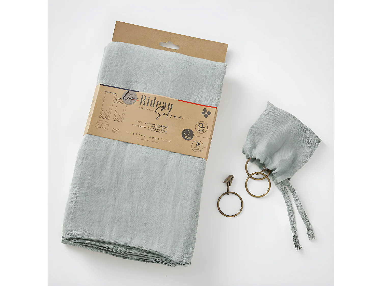 Lot de 2 rideaux ajustables + 8 anneaux pince "Soline" 140 x 270 cm Lin lavé