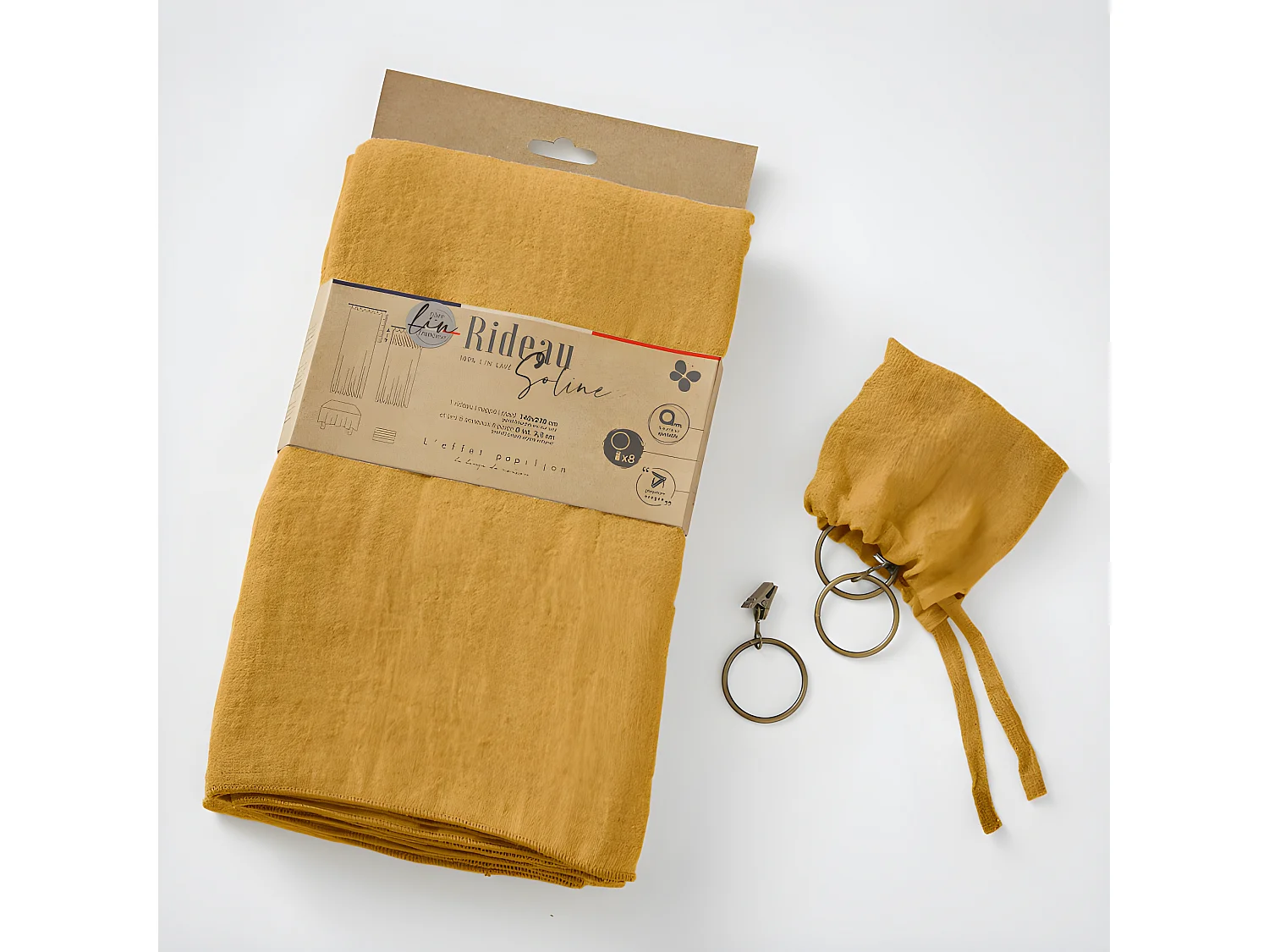 Lot de 2 rideaux ajustable + 8 anneaux pince "Soline" 140 x 270 cm Lin lavé