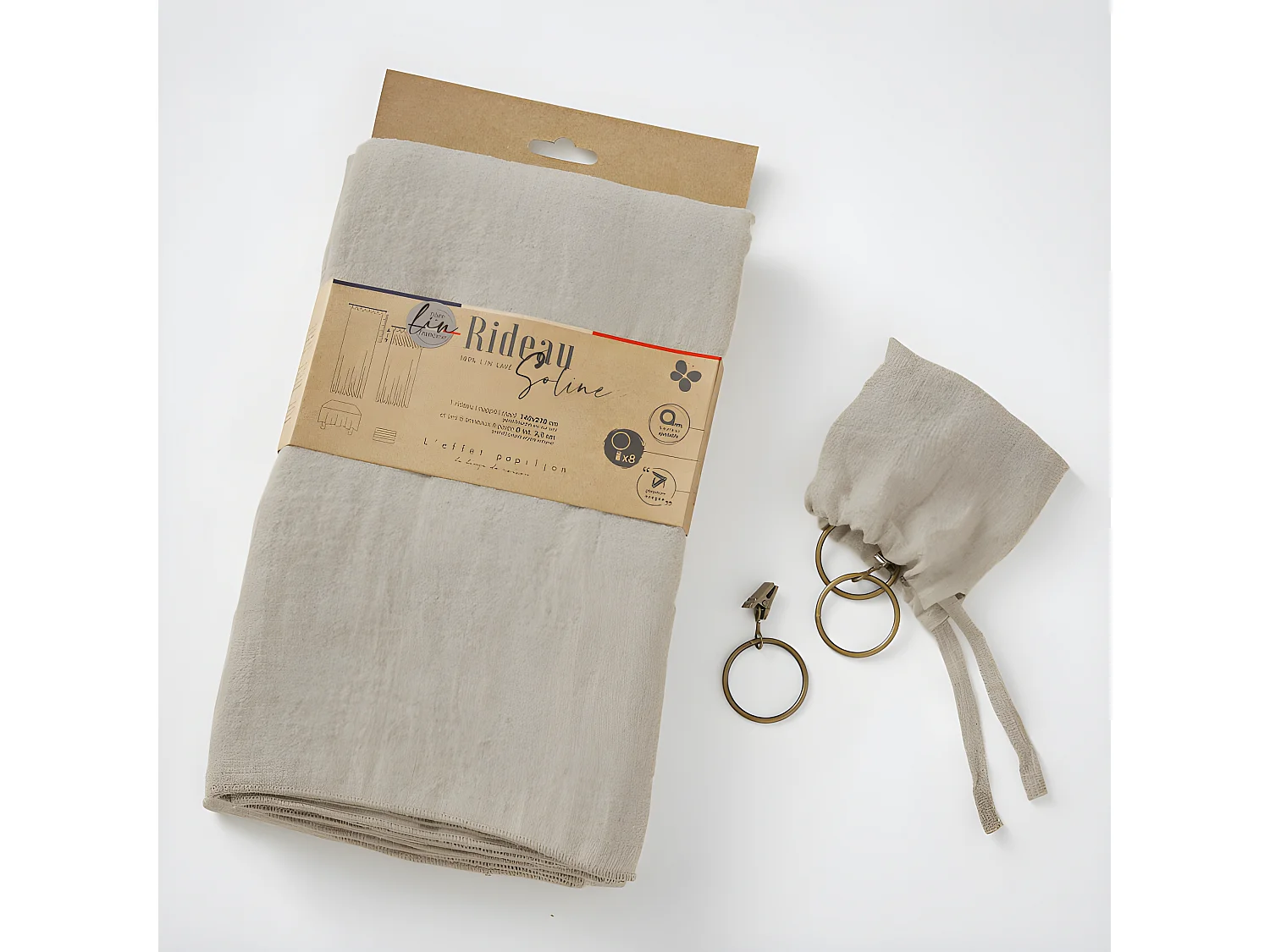 Rideau ajustable + 8 anneaux pince "Soline" 140 x 270 cm Lin lavé