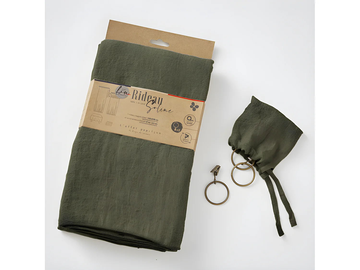 Lot de 2 rideaux ajustable + 8 anneaux pince "Soline" 140 x 270 cm Lin lavé