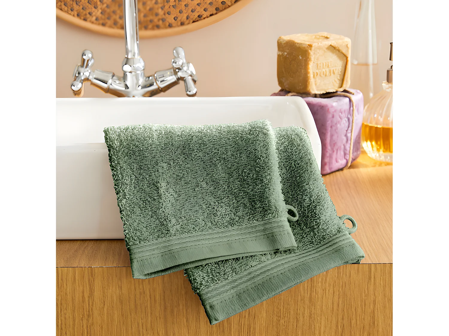 Lot de 2 gants de toilette "Spa" 15 x 21 cm / 400 gr/m² - Couleur: "Spa" Romarin