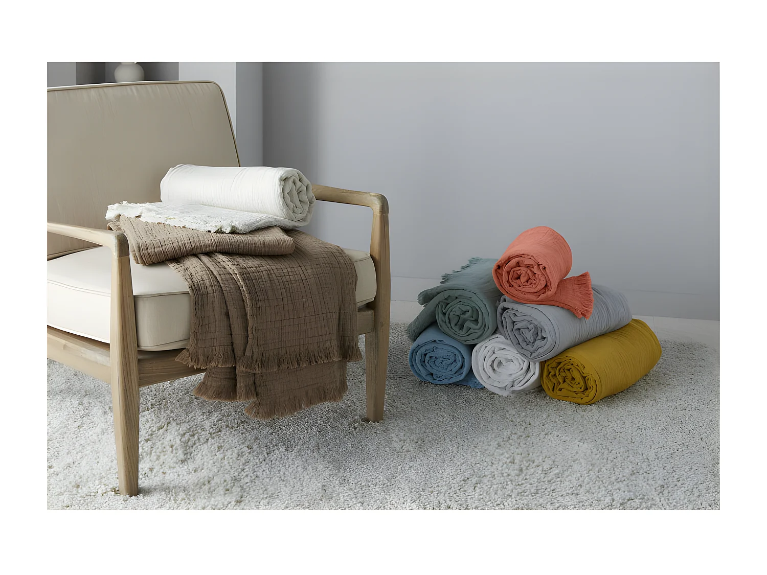 Plaid à franges "Brehat" Gaze de Coton stonewashed Toison d'or