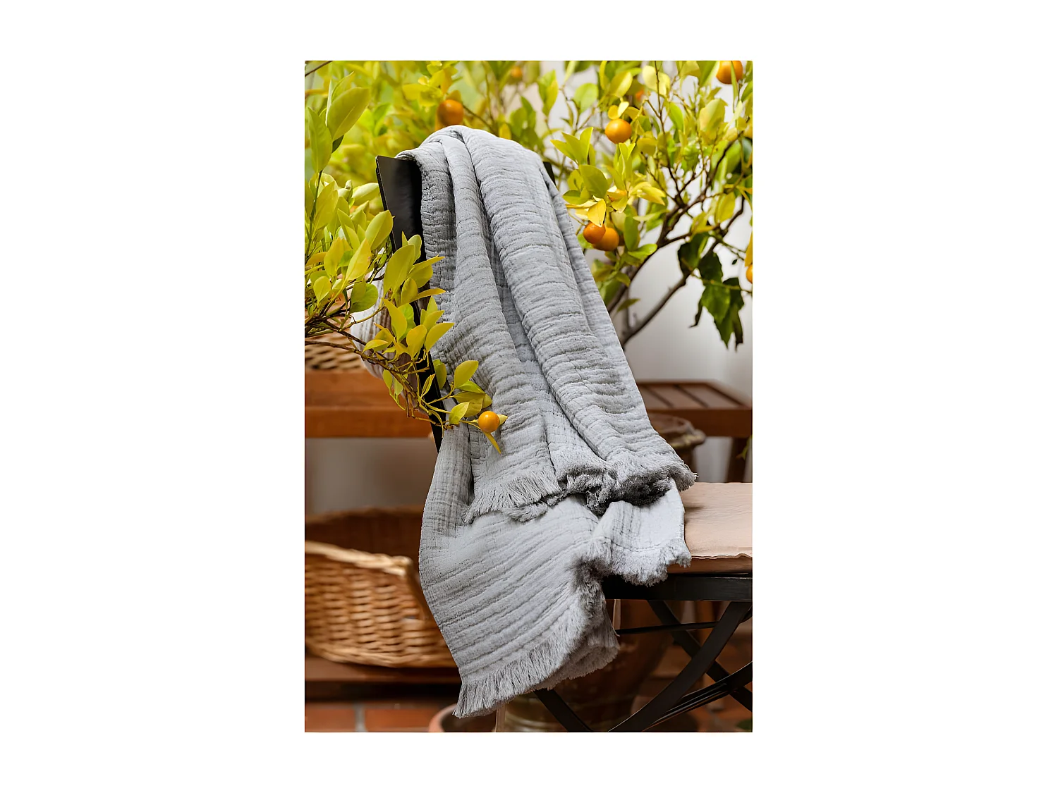 Plaid à franges "Brehat" Gaze de Coton stonewashed Toison d'or