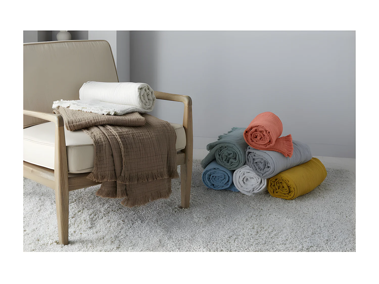 Plaid à franges "Brehat" Gaze de Coton stonewashed Toison d'or