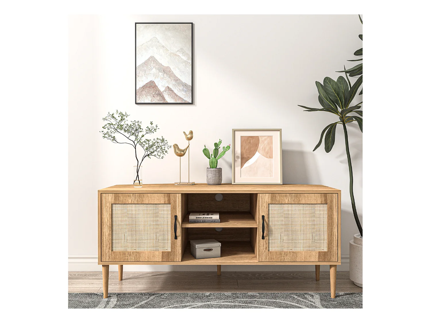 Buffet en bois avec portes effet cannage et niches ARTIC
