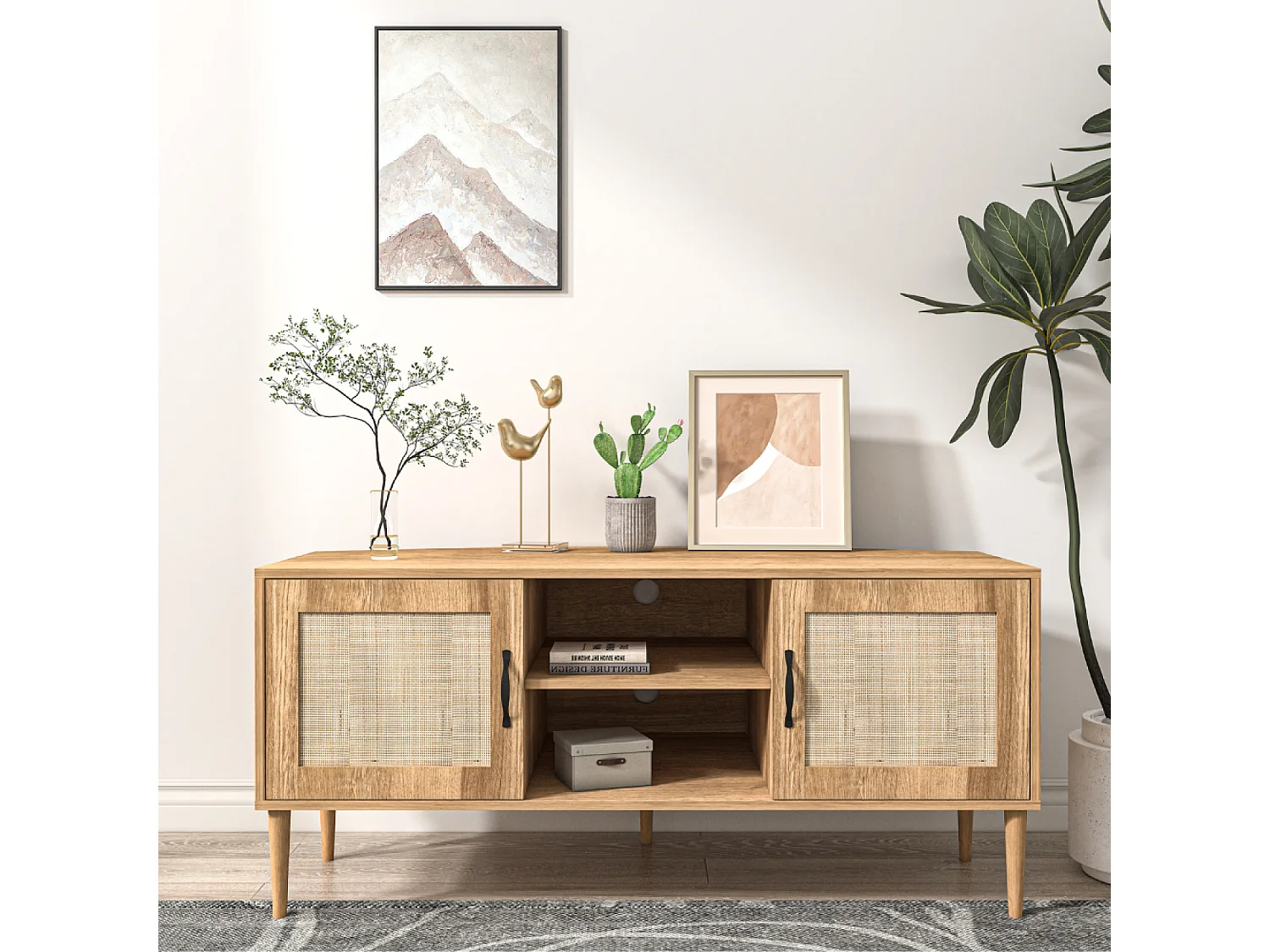 Buffet Artic aus hellem Holz mit Türen in Rattanoptik und Fächern - Zeitgenössischer Stil - 115 cm