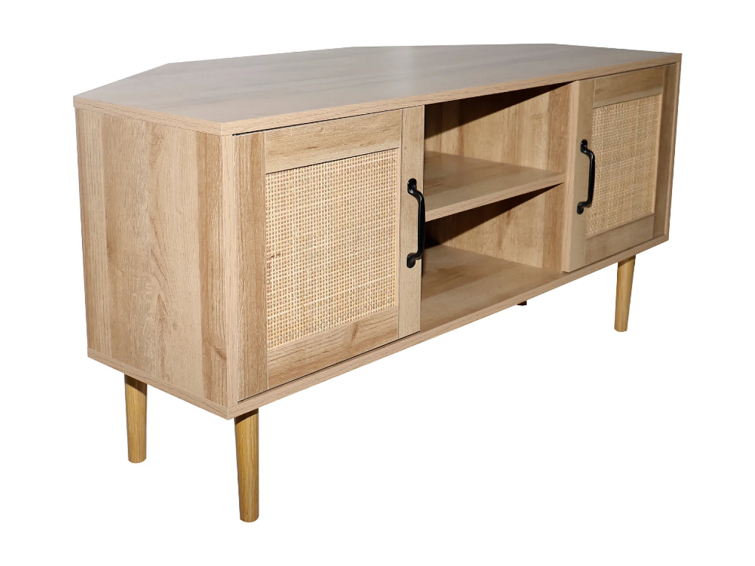 Buffet Artic aus hellem Holz mit Türen in Rattanoptik und Fächern - Zeitgenössischer Stil - 115 cm
