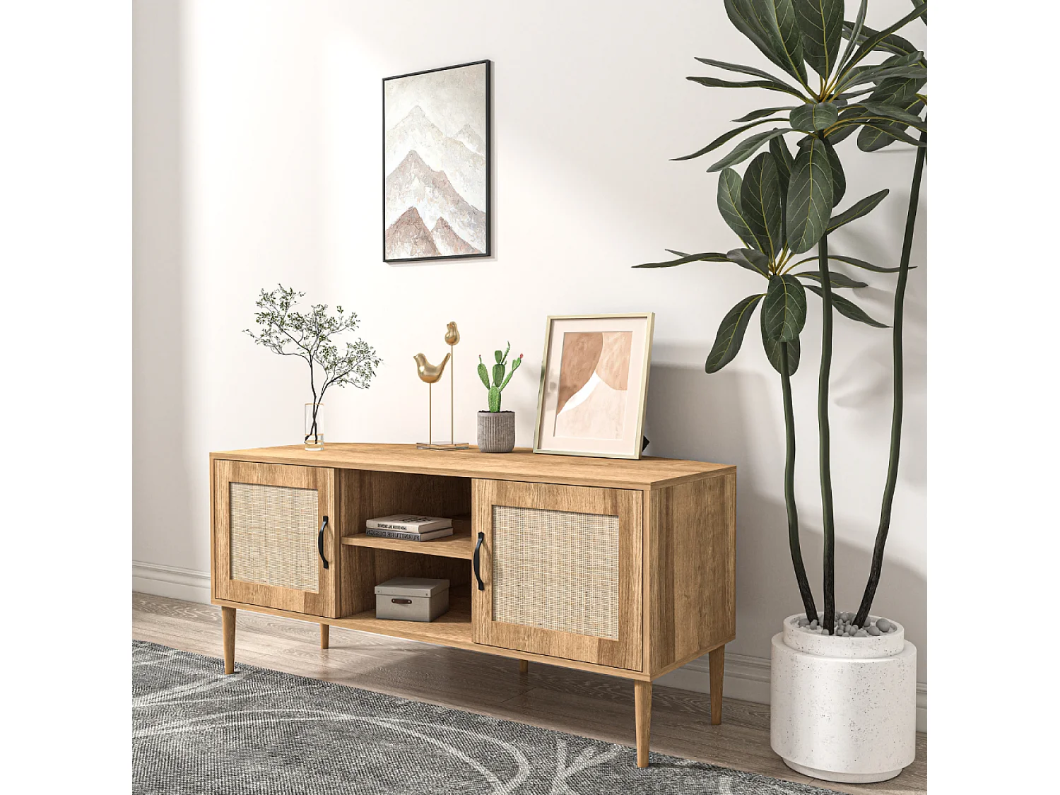 Buffet Artic aus hellem Holz mit Türen in Rattanoptik und Fächern - Zeitgenössischer Stil - 115 cm