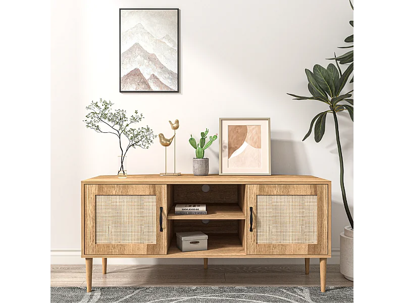 Buffet Artic van licht hout met deuren in rieten effect en vakken - Eigentijdse Stijl - 115 cm